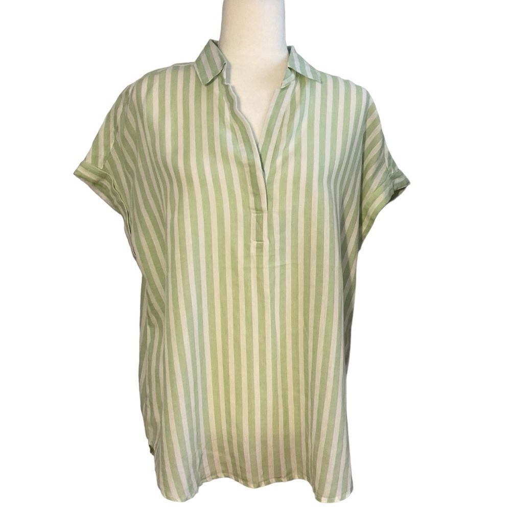 Lola River Green White Striped Collard Tunic Top Shirt Size L